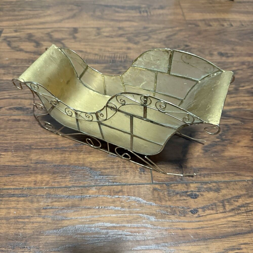 Vtg Mother of Pearl Christmas Sleigh/Sled, Capiz, 9.5", Brass Holiday damaged X3